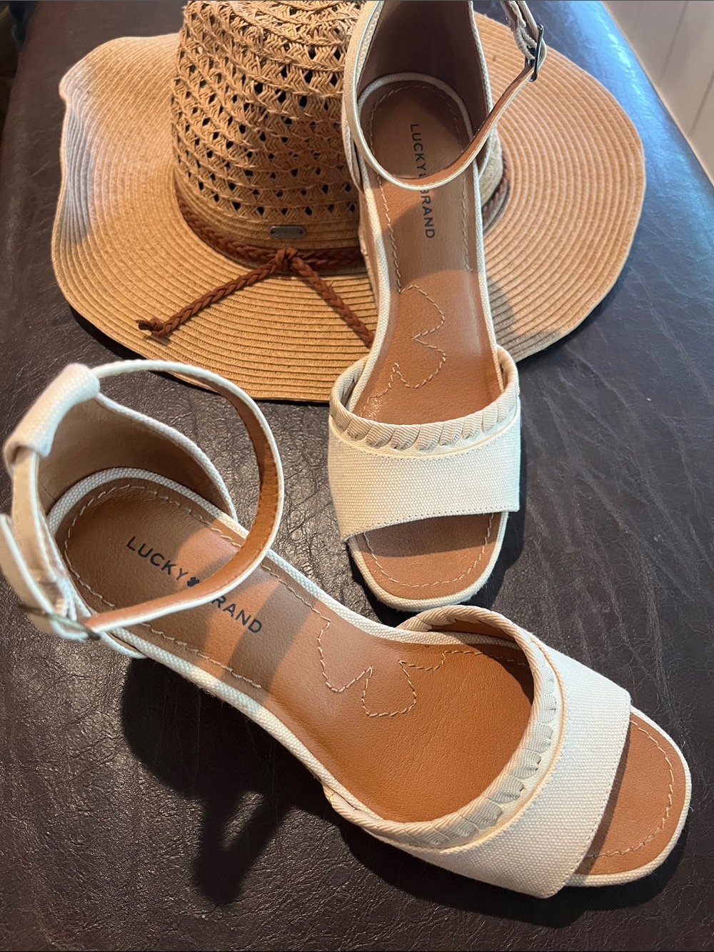Lucky Brand Cream Ankle-Strap Sandals with Woven Front